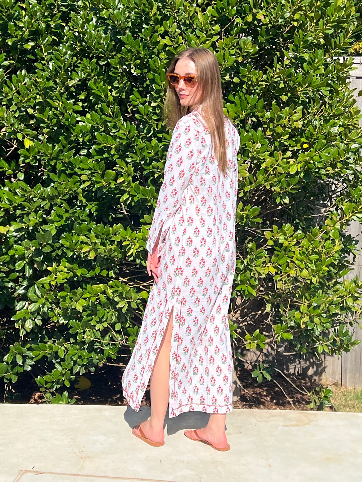 Voyage resort wear women's rose geranium block print cotton caftan