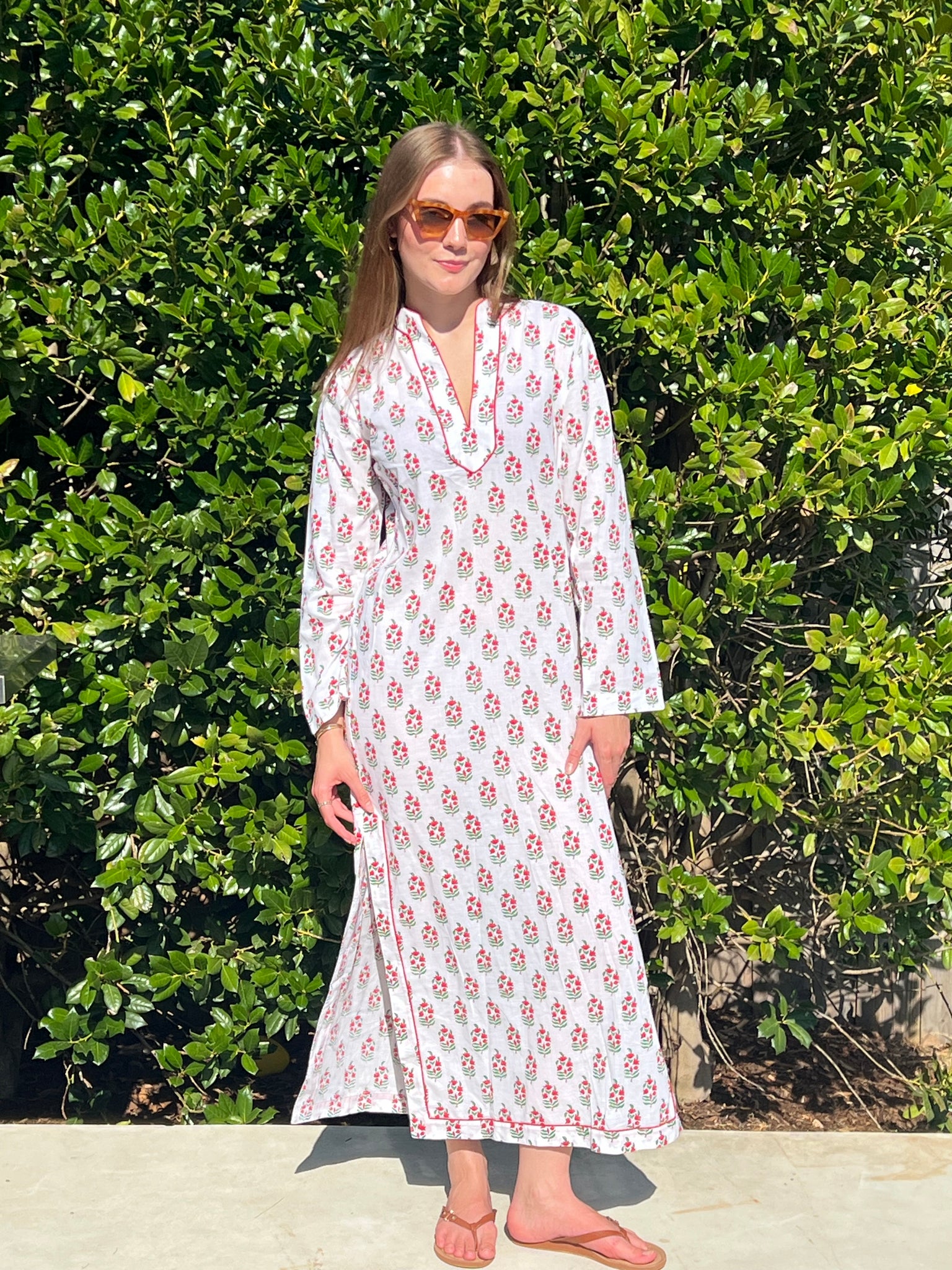 voyage resort wear women's rose geranium block print cotton caftan