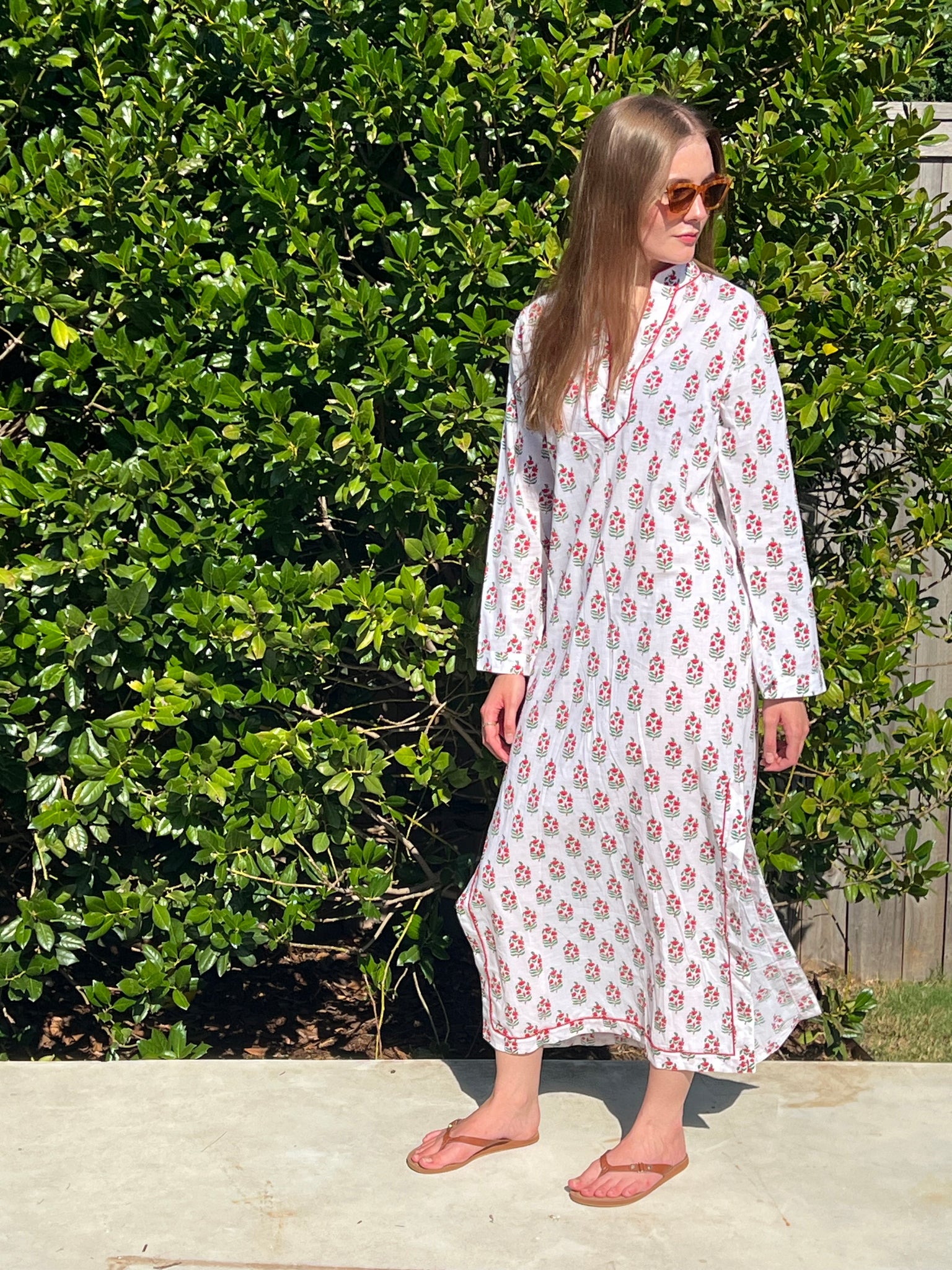 voyage resort wear women's rose geranium block print cotton caftan